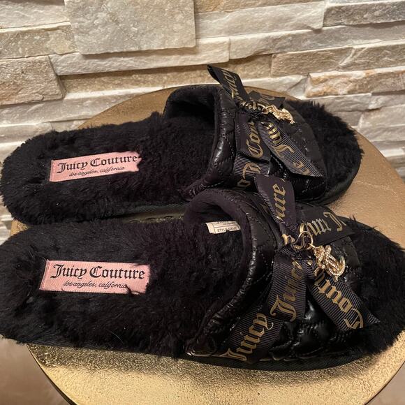 Juicy Couture M Black Faux Fur Slippers | Gold Script Logo, Cozy Y2K Glam - Picture 5 of 8